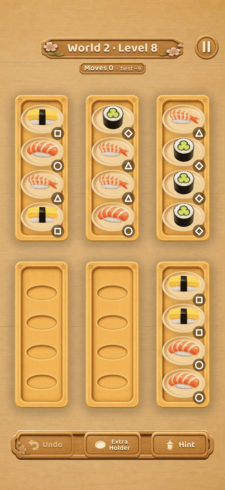 A Calm Sort puzzle board: sushi plates being sorted across six wooden serving lanes