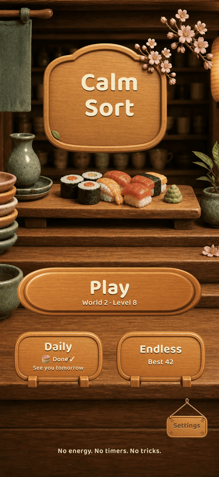 Calm Sort home screen: a wooden sushi counter with Play, Daily, and Endless buttons under cherry blossoms