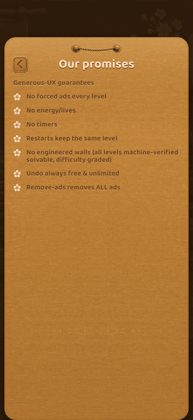 The promises screen listing Calm Sort's honest-game promises