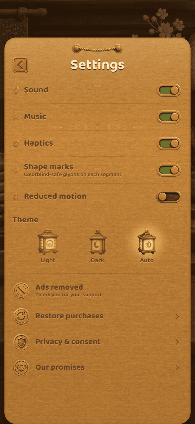 Settings screen with sound, haptics, and privacy controls on warm wood