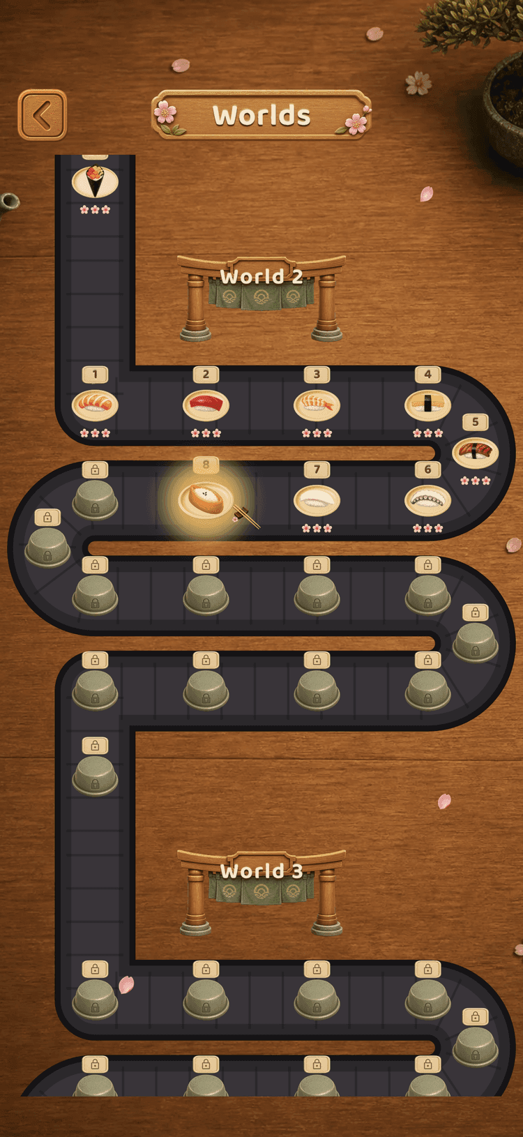 The Worlds map: a winding conveyor path of levels passing torii gates for World 2 and World 3